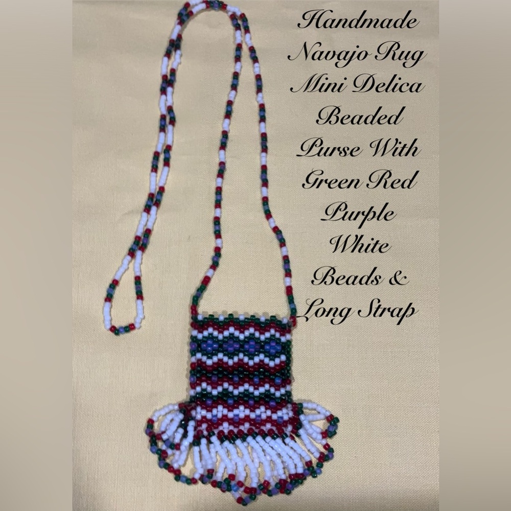 HANDMADE MINI NAVAJO RUG PURSE W/GREEN RED WHITE & PURPLE DELICA BEADS & STRAP